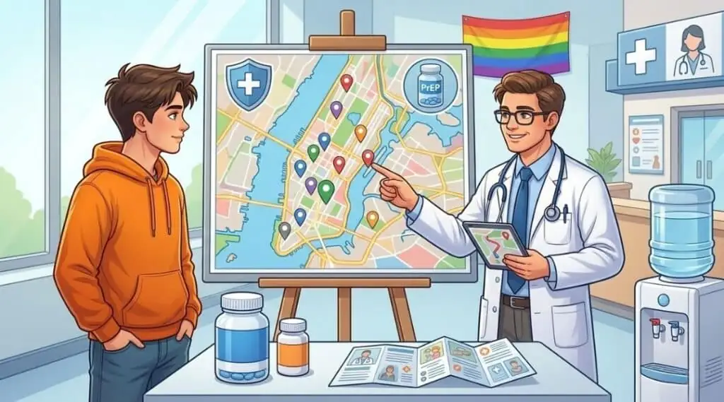 ภาพประกอบวัยรุ่นปรึกษาแพทย์ที่ชี้แผนที่หน่วยบริการ PrEP